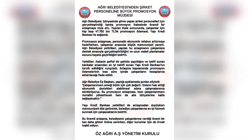 Ağrı Belediyesi'nden Şirket Personeline Büyük Promosyon Müjdesi