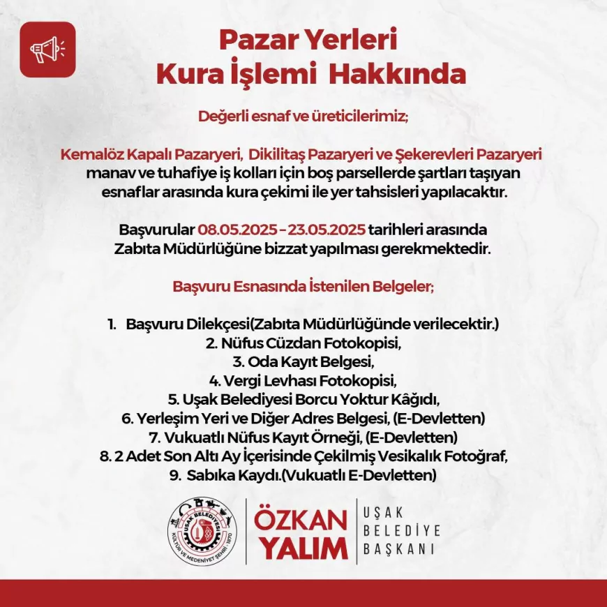 Uşak’ta Pazaryeri Parselleri Kura ile Tahsis Edilecek