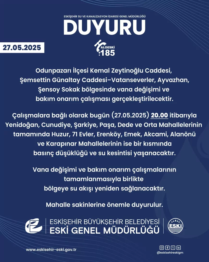 Eskişehir’de 13 Mahallede Su Kesintisi Uyarısı