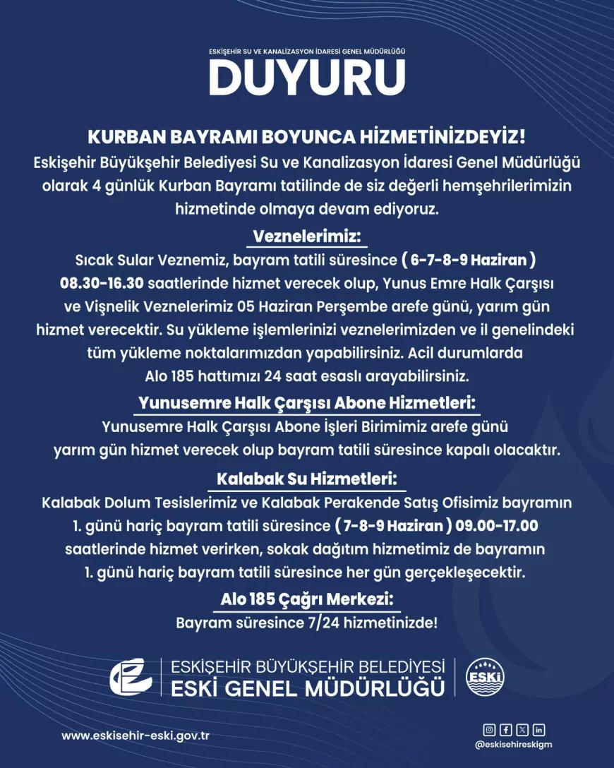 ESKİ, Kurban Bayramı Boyunca Kesintisiz Hizmet Sunacak