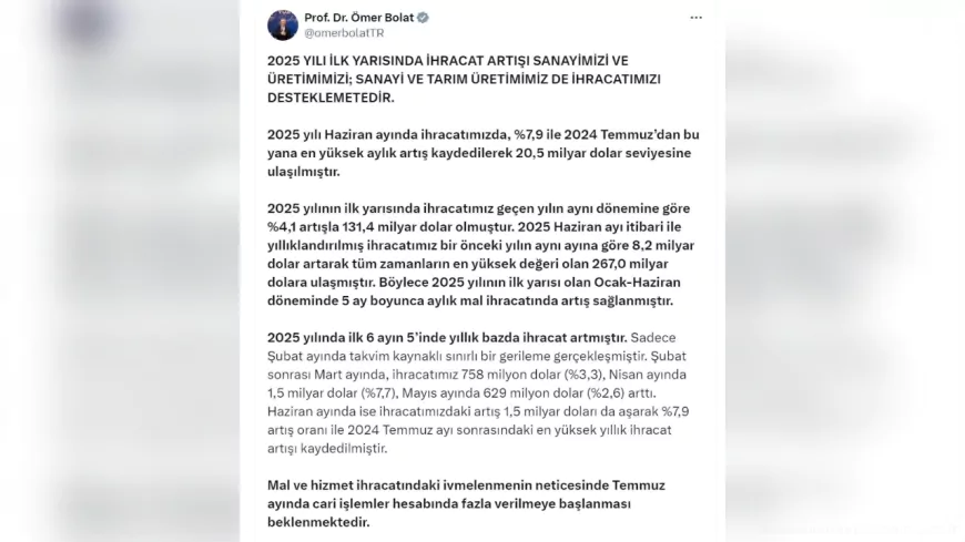 Ticaret Bakanı Bolat: "Zorlu Koşullara Rağmen İhracatta Artış Sürüyor"