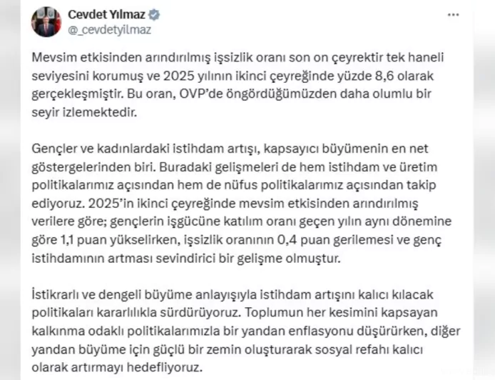 Cevdet Yılmaz: İşsizlik Oranı 10 Çeyrektir Tek Haneli Seyrediyor