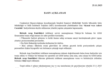 İstanbul Cumhuriyet Başsavcılığı Birleşik Arap Emirlikleri İstihbaratıyla İlişkili Casusluk Faaliyetlerini Açıklayarak Üç Şüphelinin Operasyonda Yakalandığını Duyurdu
