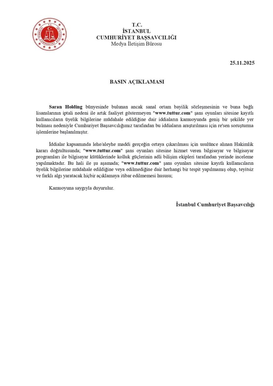 İstanbul Cumhuriyet Başsavcılığı “tuttur.com” Üyelik Bilgilerine Müdahale İddiaları Üzerine Resen Soruşturma Başlattığını Duyurdu