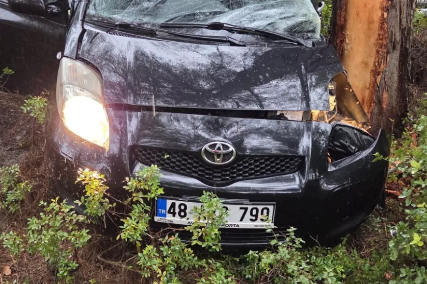 Muğla Bodrum’da yoğun yağış nedeniyle kontrolden çıkan otomobil ağaca çarptı