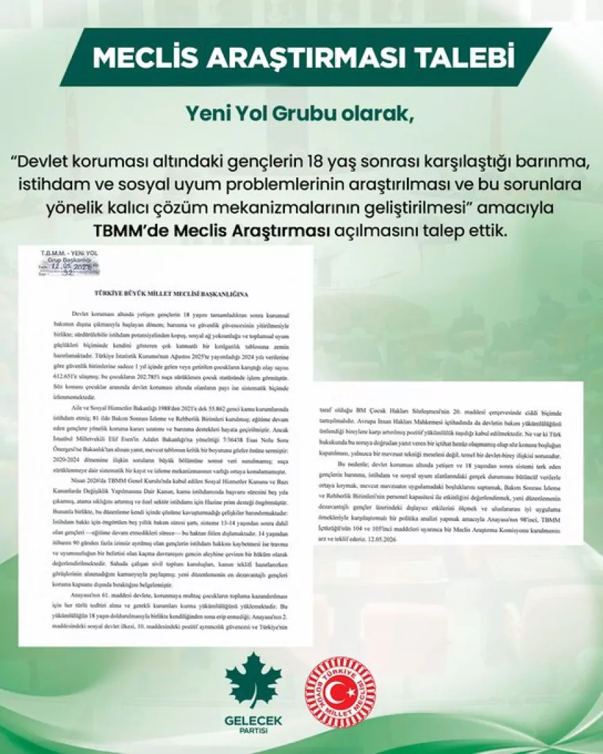 Yeni Yol Grubu’ndan devlet korumasındaki gençler için Meclis araştırması talebi
