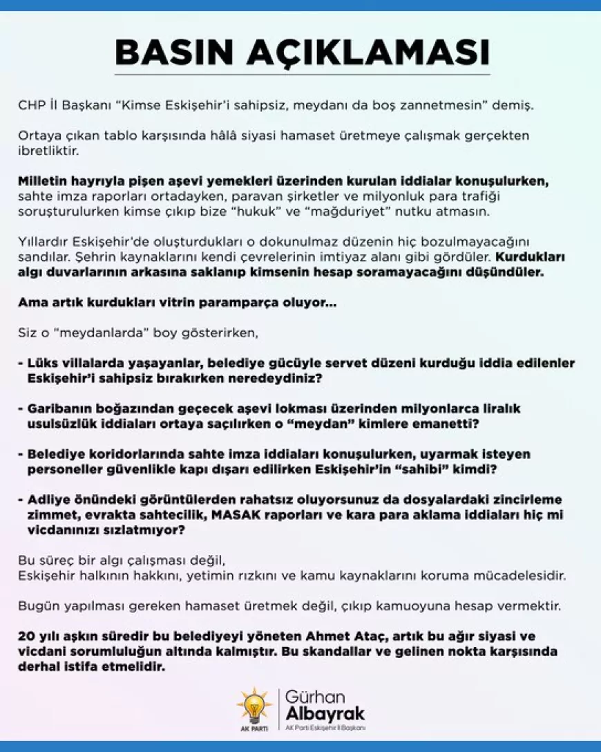 AK Parti Eskişehir İl Başkanlığı’ndan CHP’ye sert tepki: “Kimse Eskişehir’i sahipsiz, meydanı da boş zannetmesin”