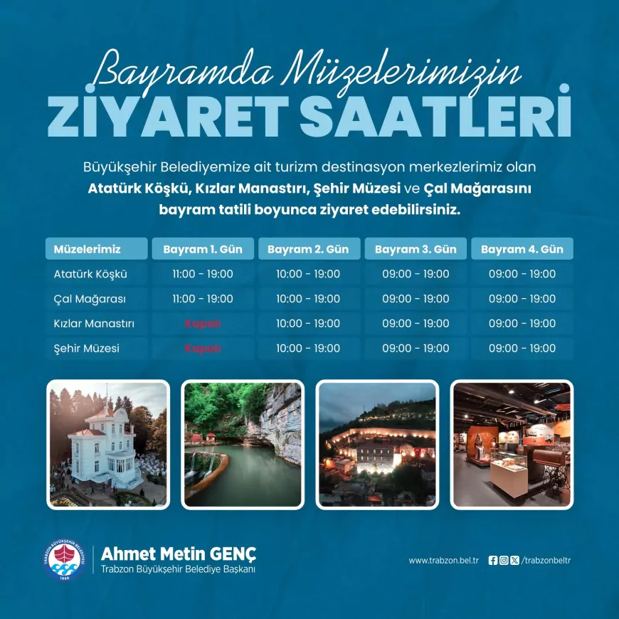 Trabzon Büyükşehir Belediyesi Bayramda Turizm Destinasyonlarının Ziyaret Saatlerini Açıkladı