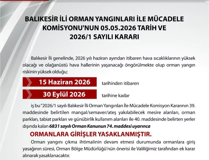 Balıkesir’de Orman Yangını Riskine Karşı 15 Haziran–30 Eylül Arasında Ormanlara Giriş Yasaklandı