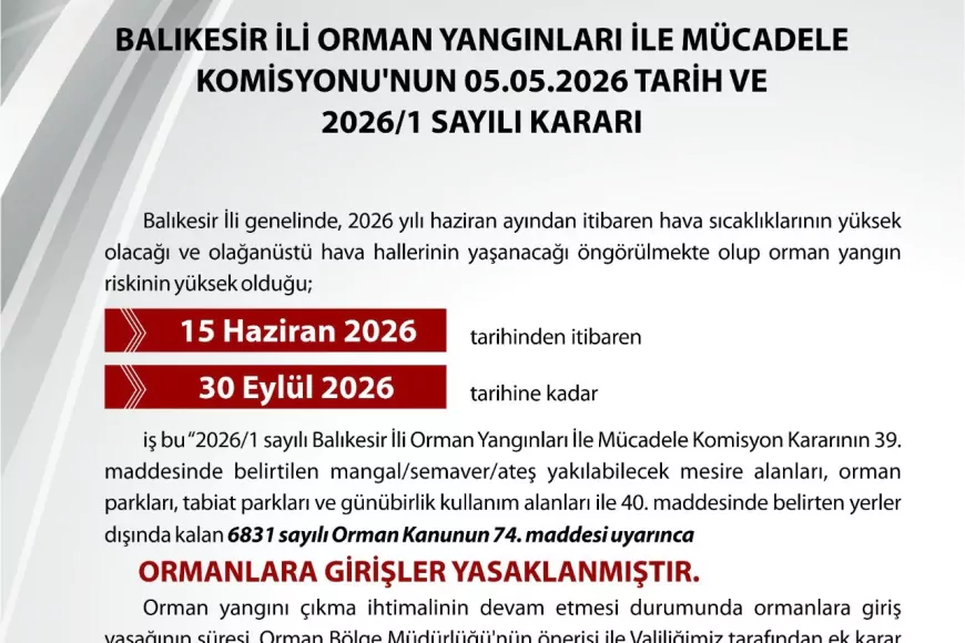 Balıkesir’de Orman Yangını Riskine Karşı 15 Haziran–30 Eylül Arasında Ormanlara Giriş Yasaklandı