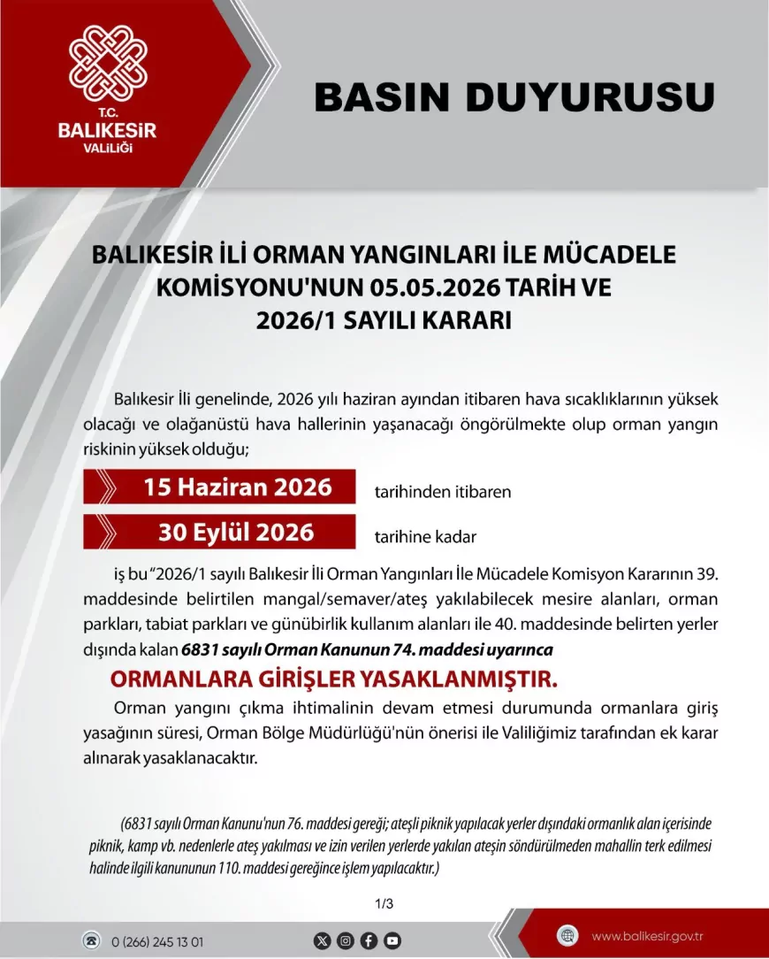 Balıkesir’de Orman Yangını Riskine Karşı 15 Haziran–30 Eylül Arasında Ormanlara Giriş Yasaklandı