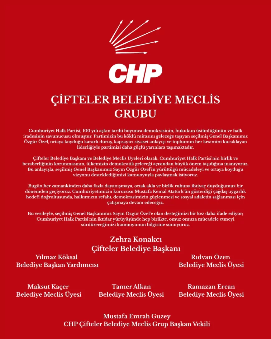 Çifteler Belediye Başkanı Zehra Konakcı ve CHP’li Meclis Üyelerinden Genel Başkan Özgür Özel’e Destek Açıklaması