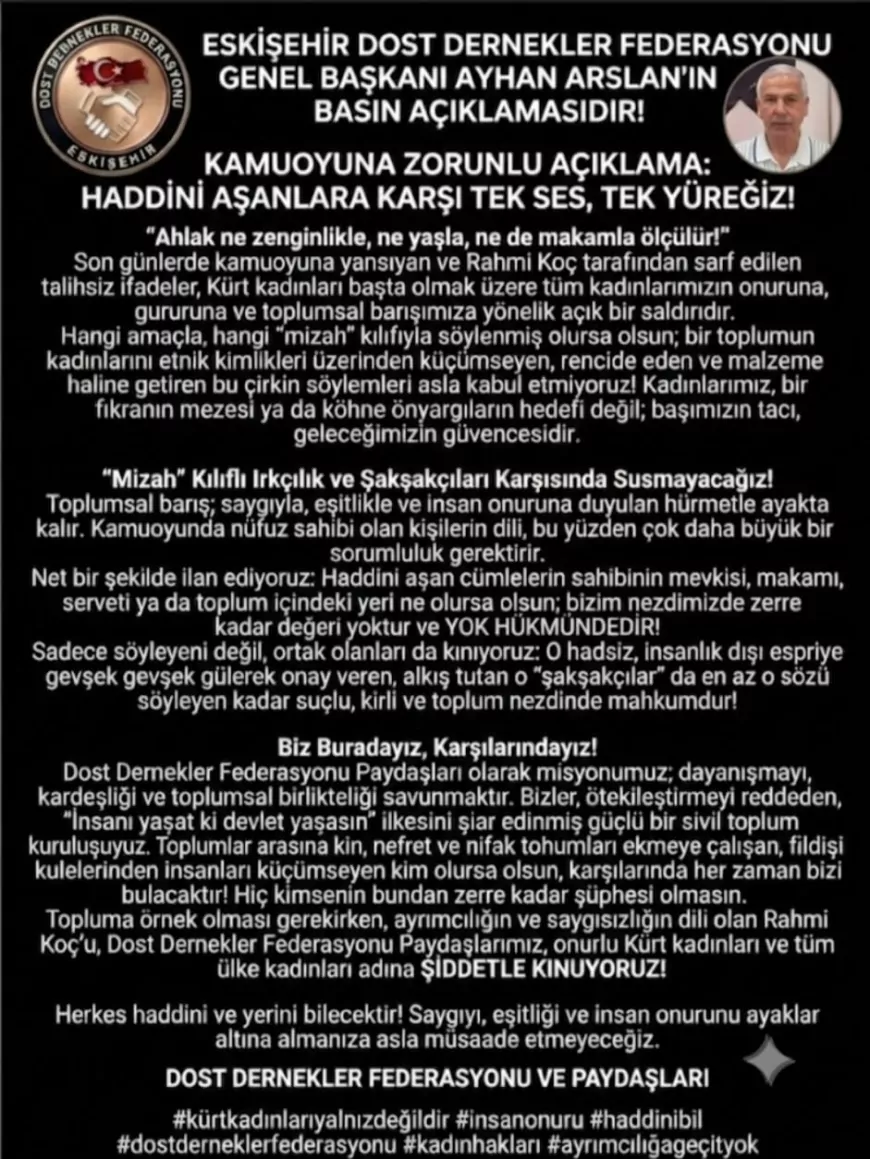 Dost Dernekler Federasyonu Genel Başkanı Ayhan Arslan’dan Rahmi Koç’un Sözlerine Sert Tepki: “Kadınların Onurunu Hedef Alan Söylemler Kabul Edilemez”