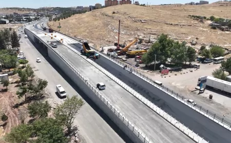 Şanlıurfa Büyükşehir Belediyesi Evren Sanayi Sitesi Katlı Köprülü Kavşak Projesi'nde sıcak asfalt çalışmaları hız kesmeden sürüyor