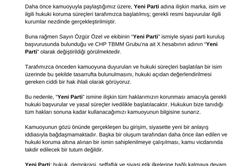 CHP Genel Başkanı Özgür Özel'in "Yeni Parti" Girişimine Yeni Parti Genel Merkezi'nden Tepki: "Hukuki Süreci Başlatıyoruz"
