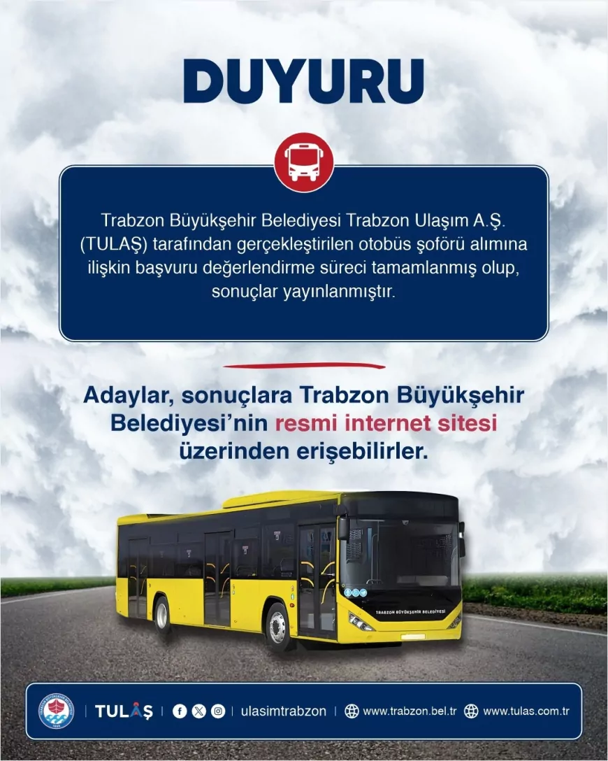 Trabzon Büyükşehir Belediyesi TULAŞ Şoför Alımında 44 Aday Belirlendi 1 Kadro İçin Kura Çekilecek