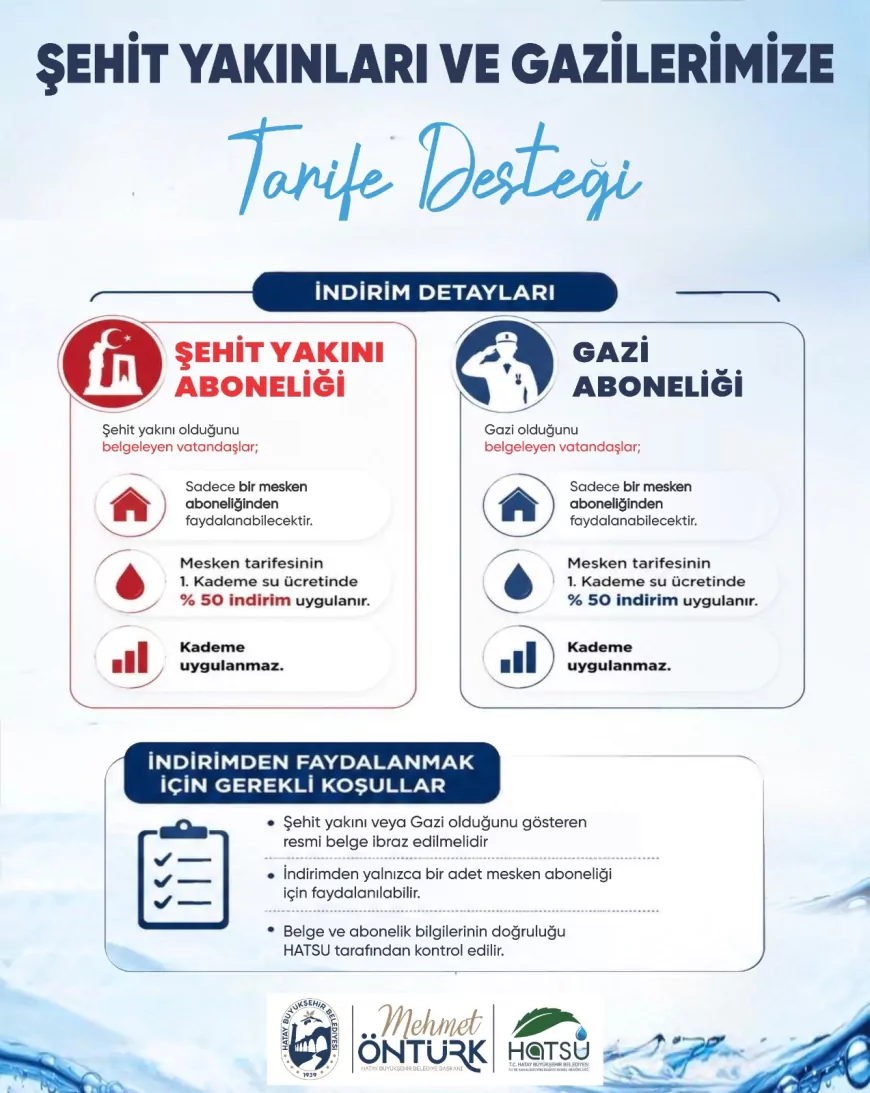 Hatay Büyükşehir Belediyesi HATSU şehit yakını ve gazi abonelerine su tarifesinde yüzde 50 indirim uygulamasını sürdürüyor