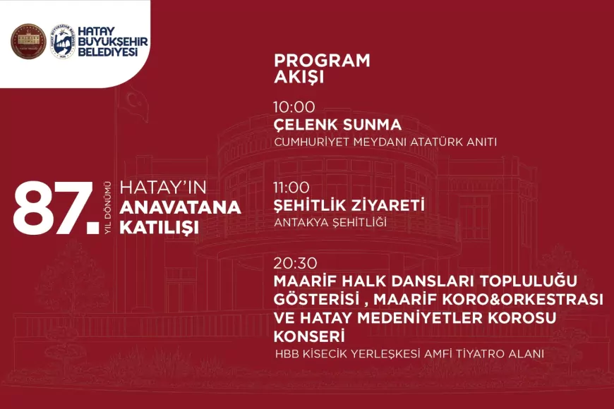 Hatay Ana Vatana Katılışının 87. Yıl Dönümünü Resmî Törenler ve Kültürel Etkinliklerle Kutlayacak