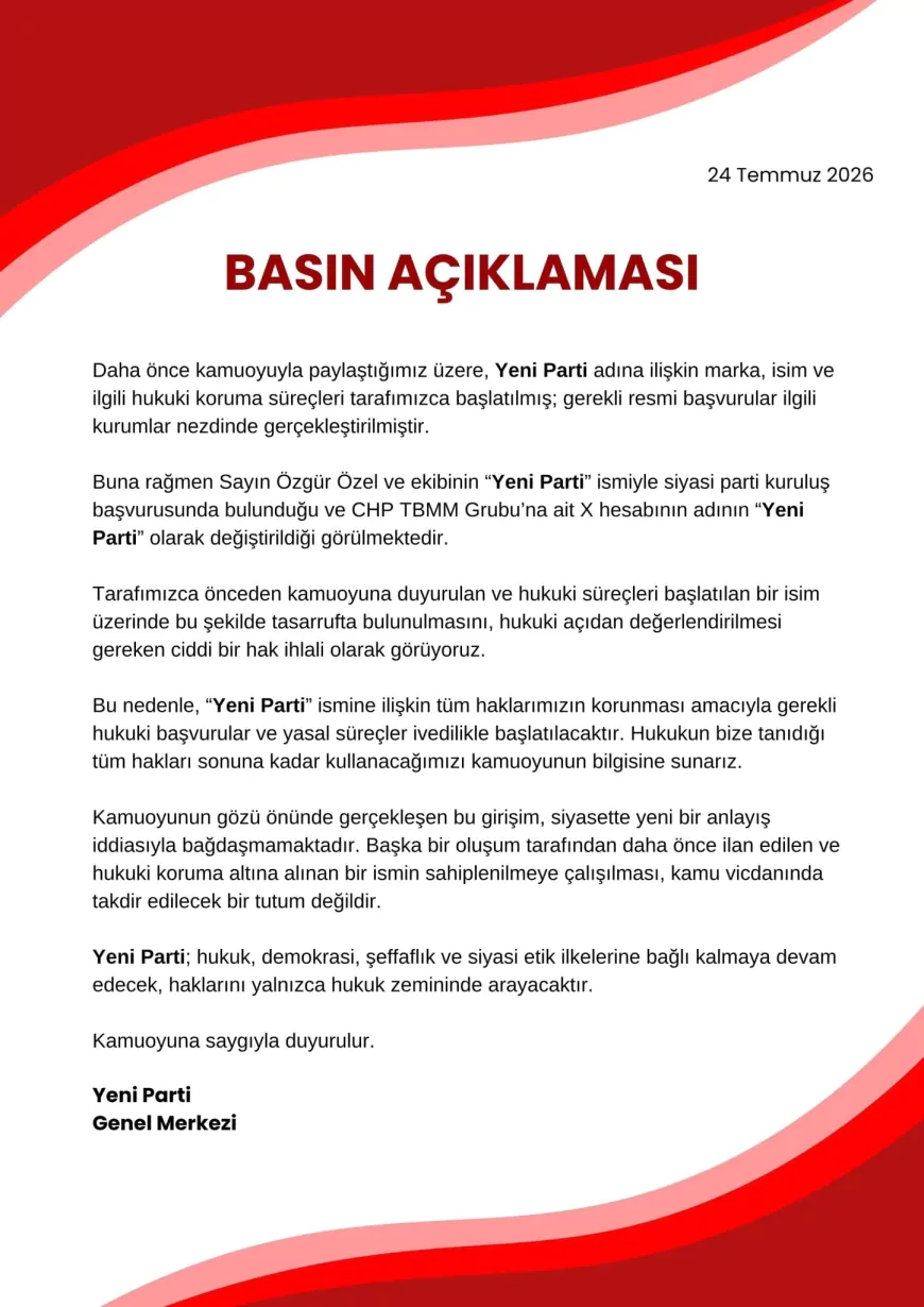CHP Genel Başkanı Özgür Özel'in "Yeni Parti" Girişimine Yeni Parti Genel Merkezi'nden Tepki: "Hukuki Süreci Başlatıyoruz"