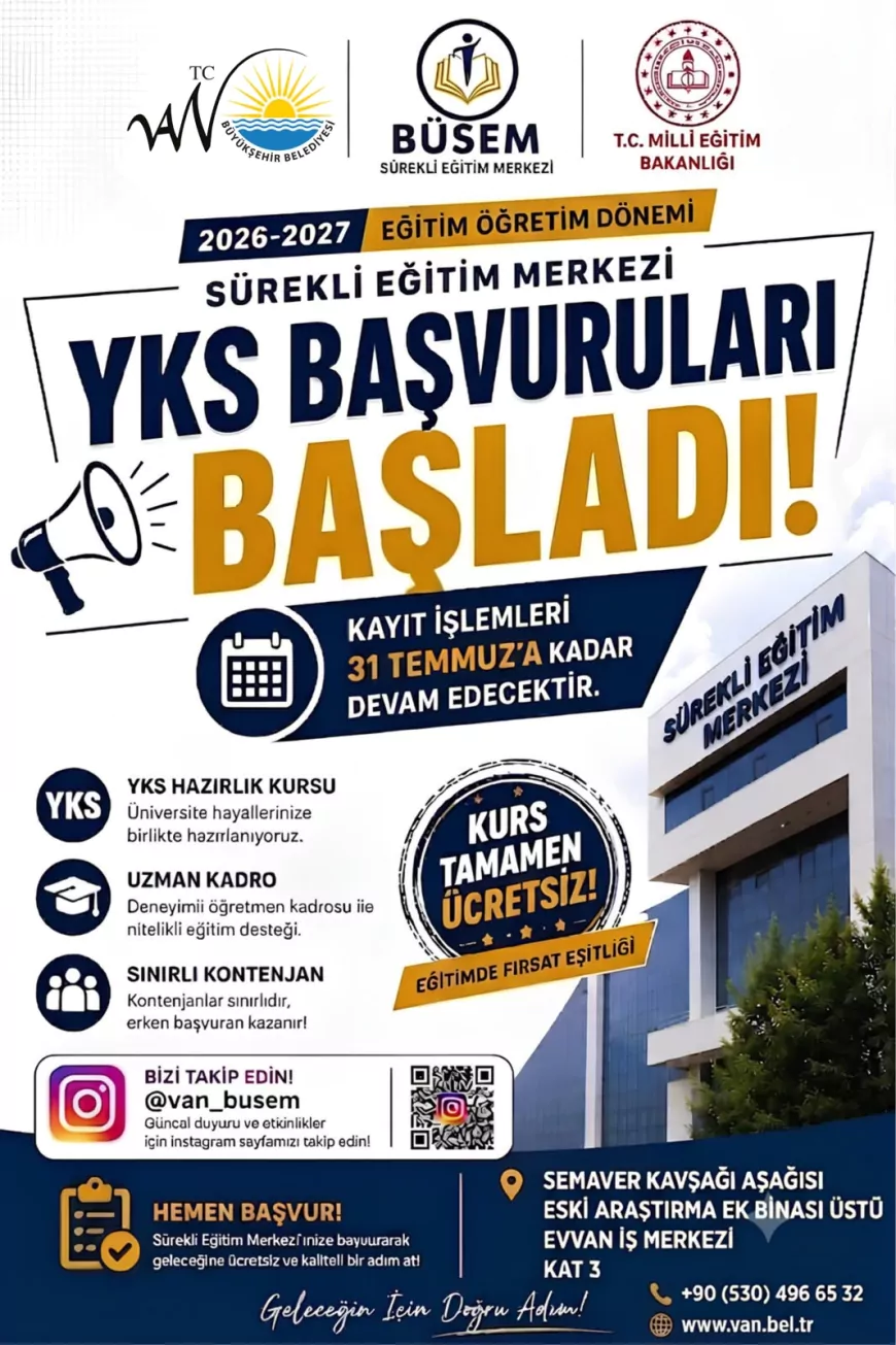 Van Büyükşehir Belediyesi BÜSEM'de 2026-2027 YKS Hazırlık Kursu Başvuruları 31 Temmuz'a Kadar Devam Edecek