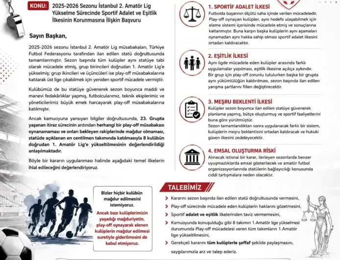 İstanbul 2. Amatör Lig kulüpleri TFF'ye seslendi: "Sportif adalet ve eşitlik ilkesi masa başında değiştirilemez"