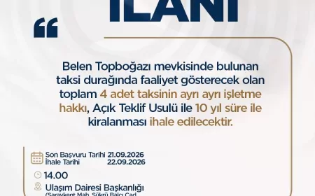 Hatay Büyükşehir Belediyesi Reyhanlı ve Belen’de 13 taksi işletme hakkını 10 yıllığına kiraya verecek